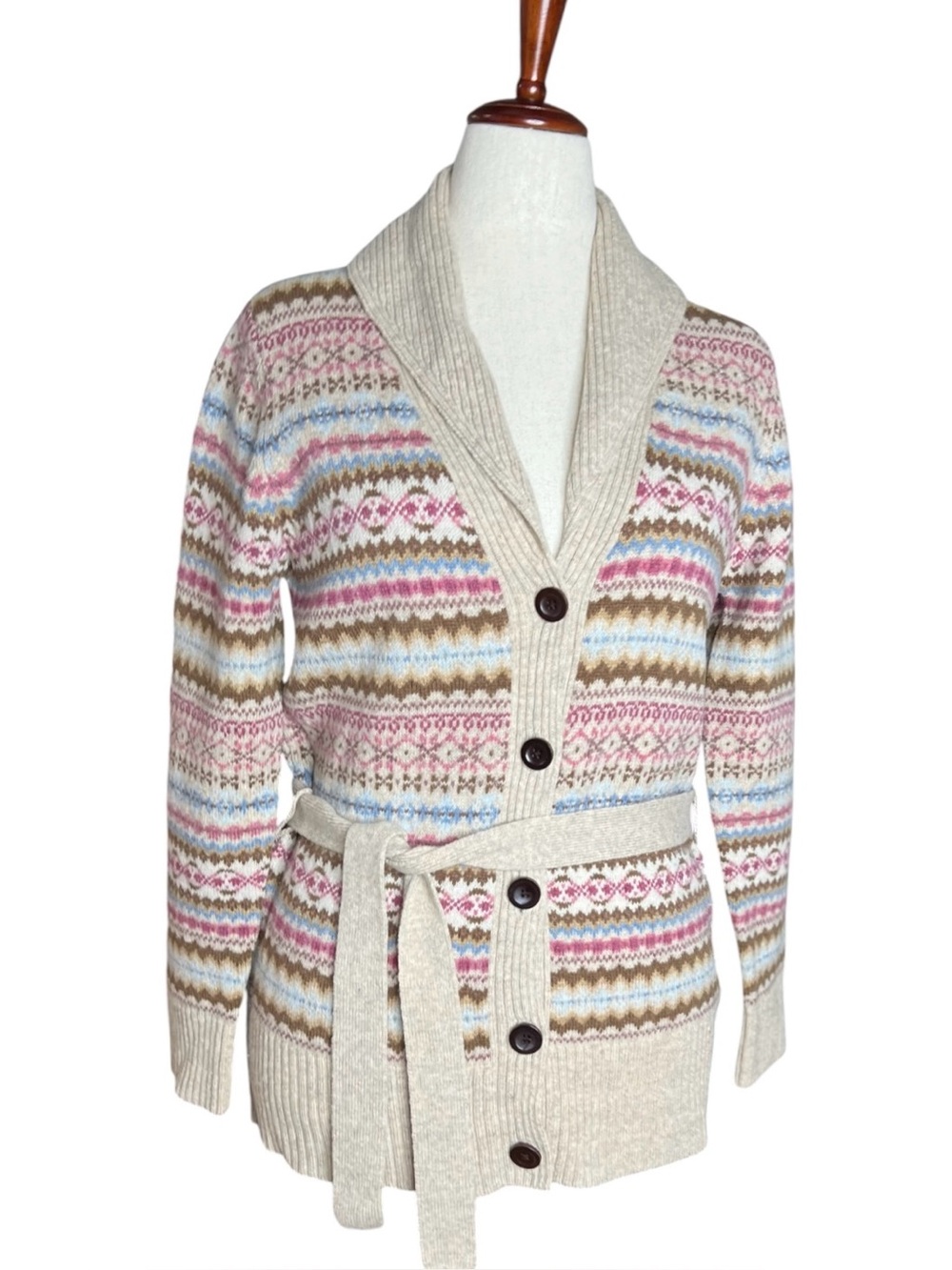 VTG Y2K EDDIE BAUER Fair Isle Shawl Collar  Cardigan 100% Lambswool Size L
